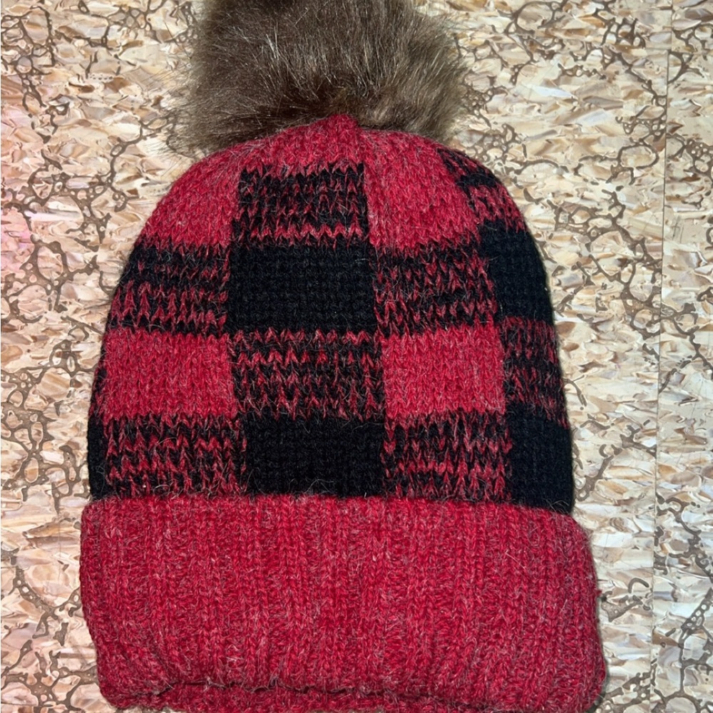 Red and Black Plaid Knit Beanie with Pom Pom